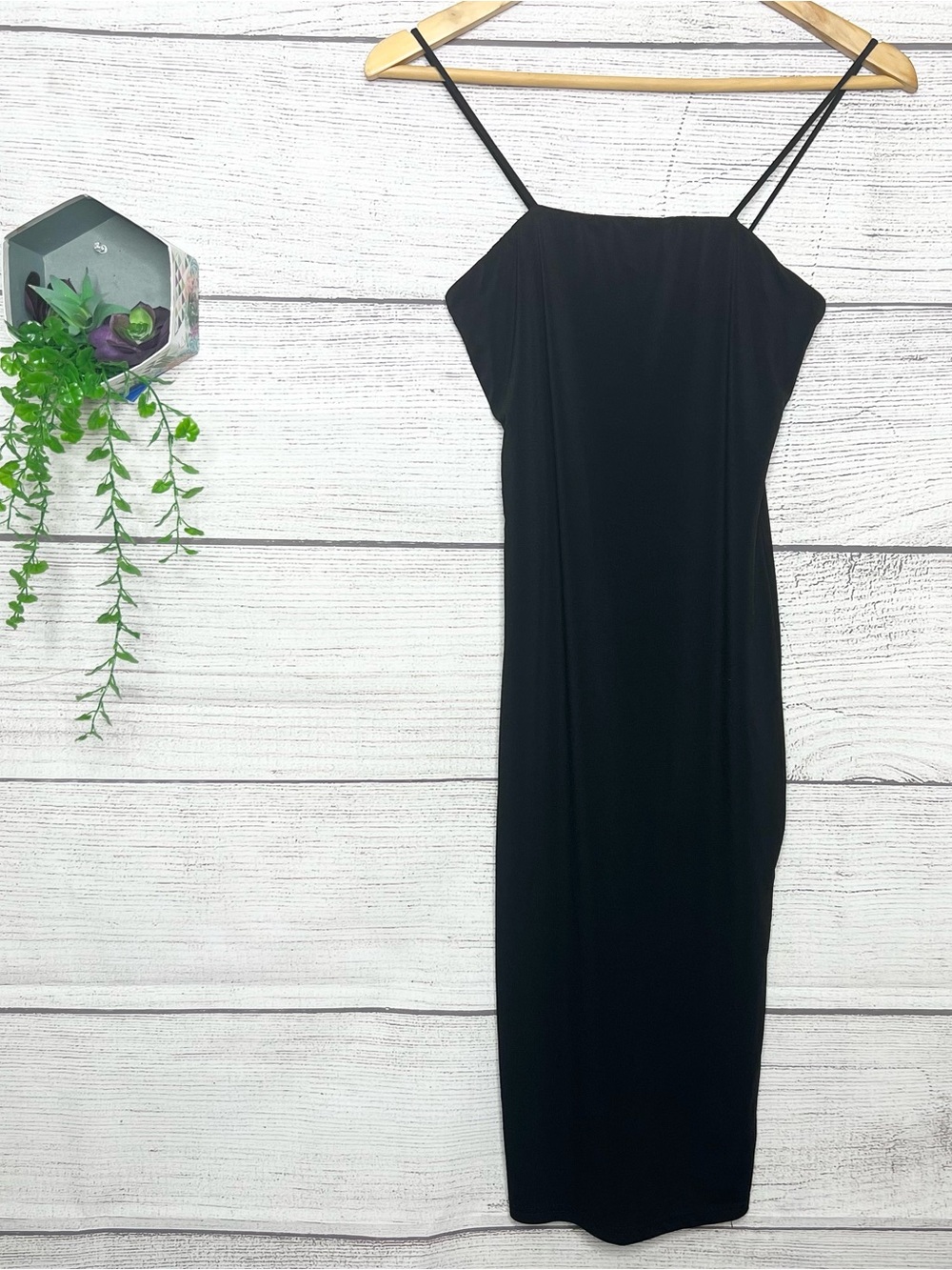 Black Square Neck Spaghetti Strap Wiggle Slip Midi Dress Size XS
